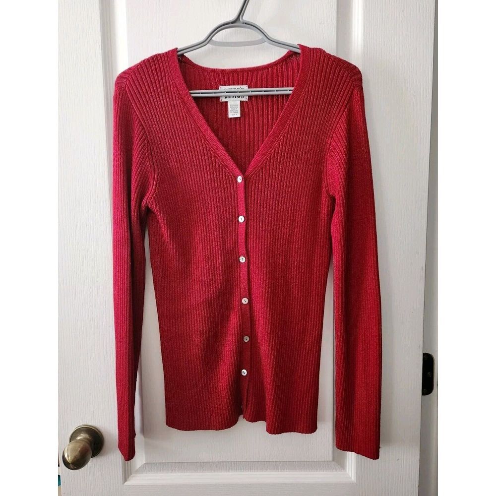 Chico's Design Womens Cardigan Sweater V-Neck Long Sleeves Rayon Blend  Red Sz S